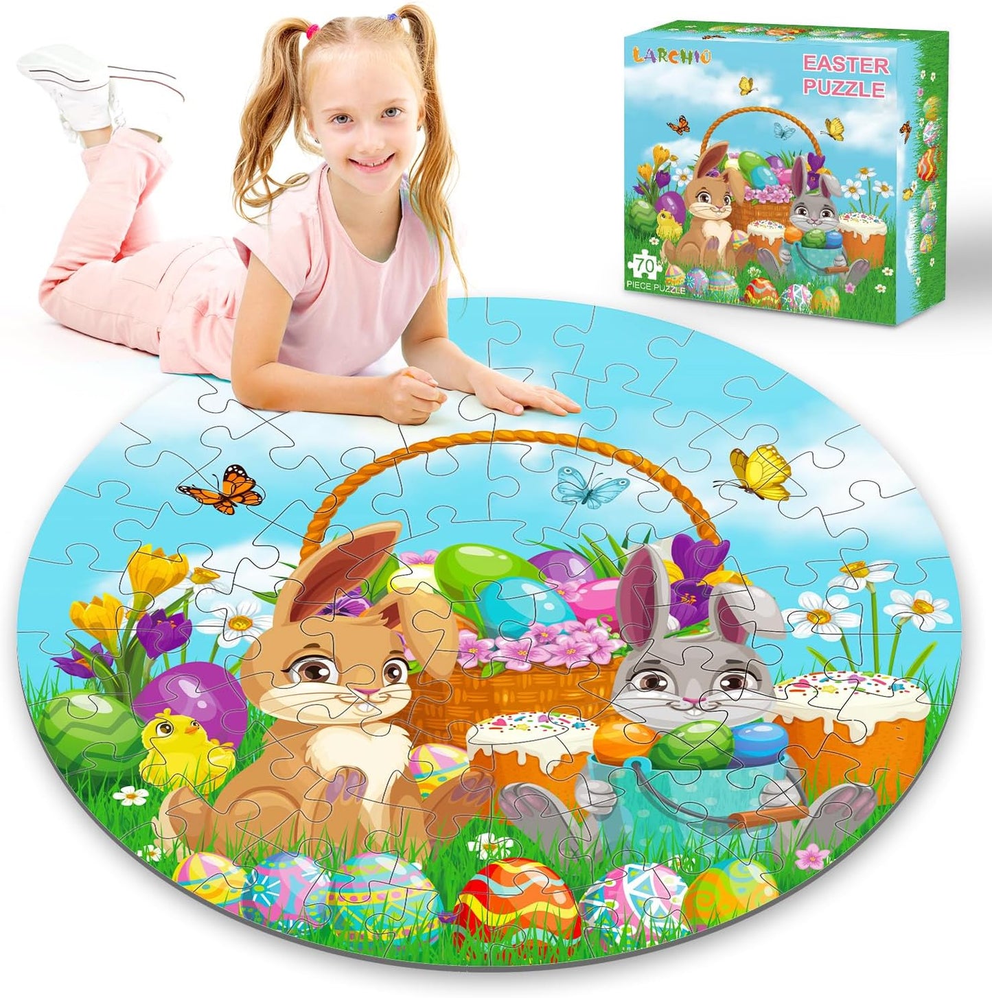 70pcs Easter Floor Puzzles for Kids Age 3-8, Easter Basket Stuffer Gifts for Kids Boy Girls Jumbo Bunny Puzzles Egg Hunt Party Favors
