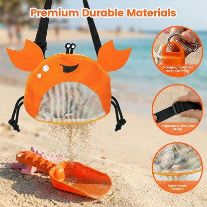 AMOR PRESENT Mesh Baby Beach Bag, Shell Collecting Bag with Shovel Crab-Shaped Adjustable Strap for Holding Shell Sea Pool Sand Toy, Blue