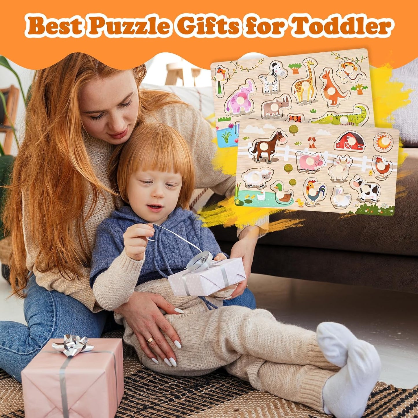 Wooden Peg Puzzles for Toddlers 1-3, 2 Pcs Montessori Puzzles, Animal & Sea Themes Puzzles, Great Preschool Educational Learning Gifts for Girls and Boys