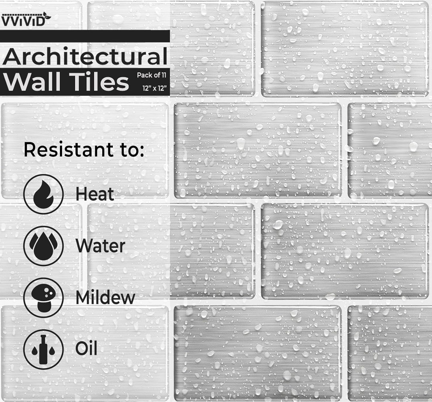 VViViD 11 Sheets Peel and Stick Grey Gloss Faux Ceramic Brick Wall Tiles, Self Adhesive Backsplash 12”x12”, 2mm Thick Kitchen, Bathroom (11 sq. ft.)