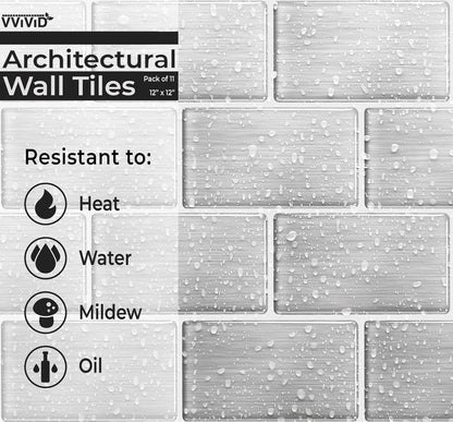 VViViD 11 Sheets Peel and Stick Grey Gloss Faux Ceramic Brick Wall Tiles, Self Adhesive Backsplash 12”x12”, 2mm Thick Kitchen, Bathroom (11 sq. ft.)