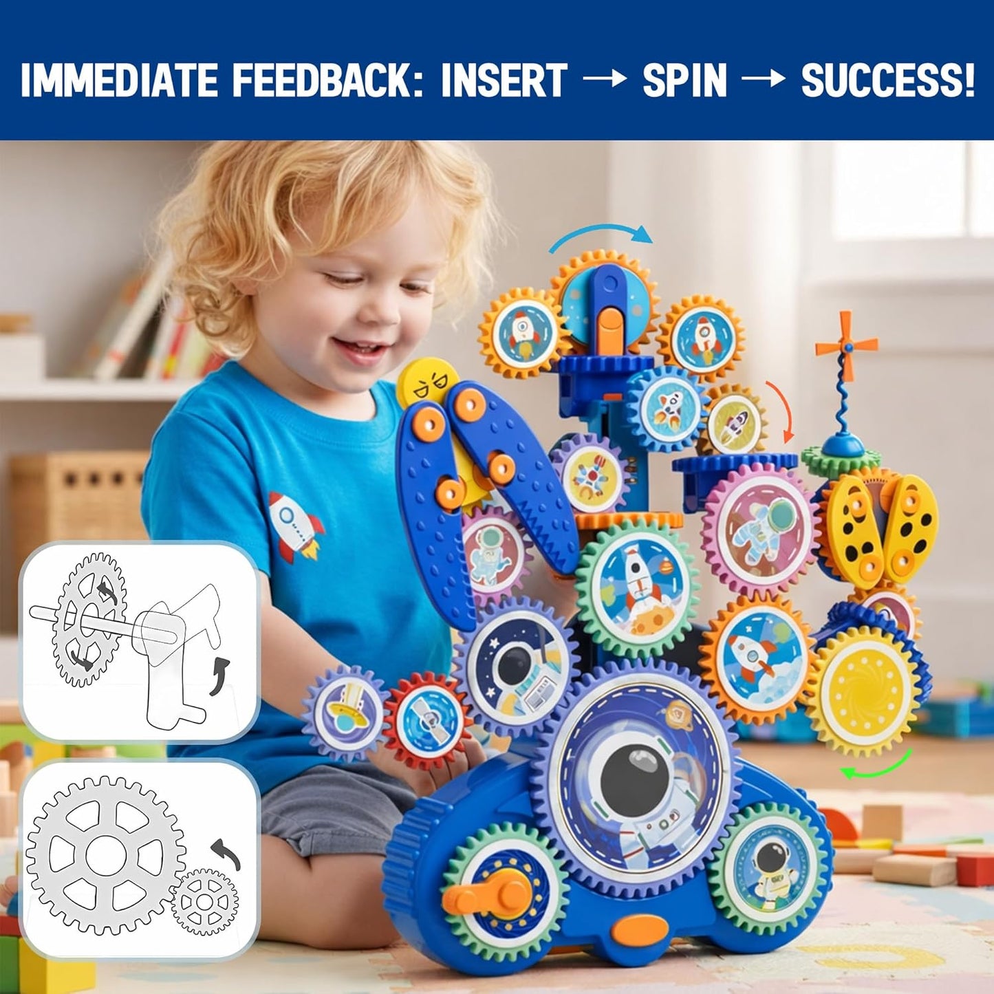 Motorized Spinning Gear Building Toys for Kids, Space Rocket STEM Construction Set, Educational Interlocking Building Blocks Puzzle | Gear Toys for Toddlers Ages 3-8
