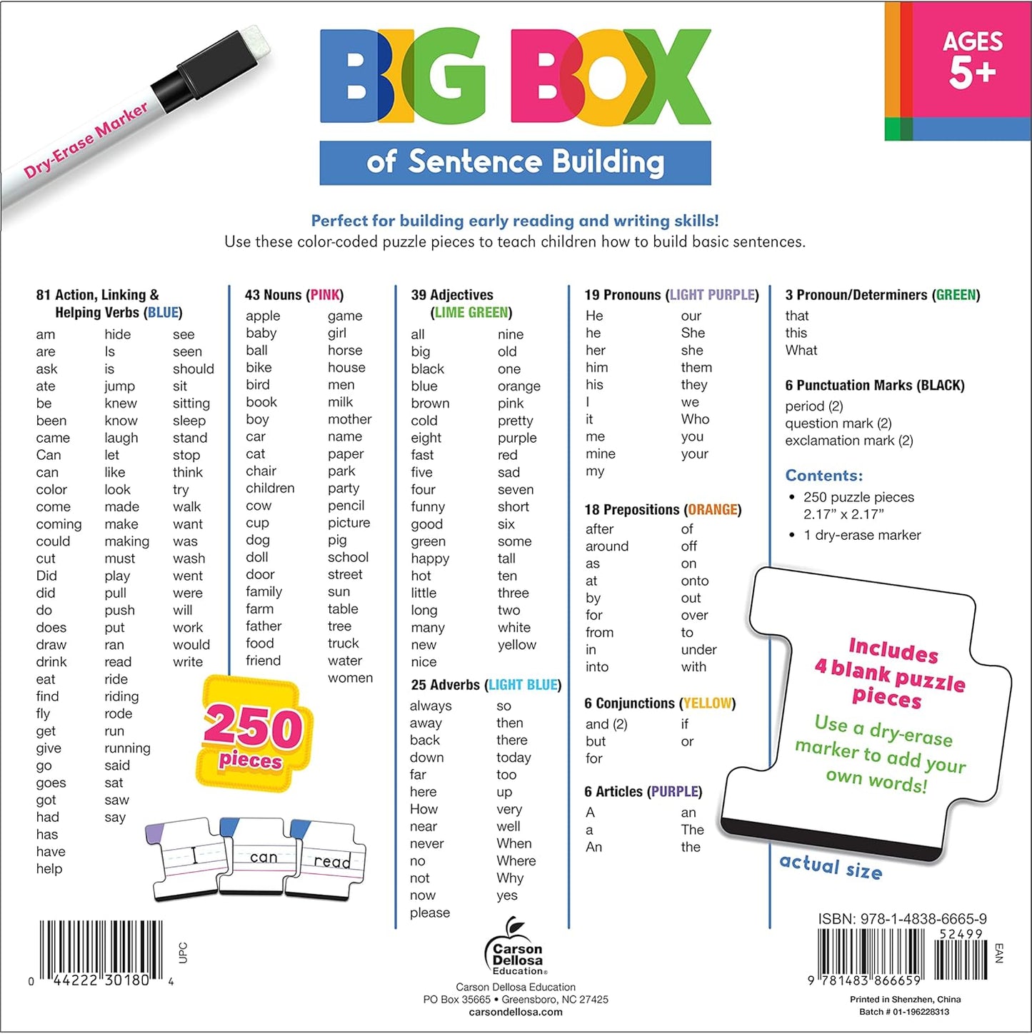 Carson Dellosa Big Box of Sentence Building for Kids, Write On Wipe Off Game with Color-Coded Parts of Speech Pieces and Dry Erase Marker, 250pc Toddler Puzzle Ages 5+