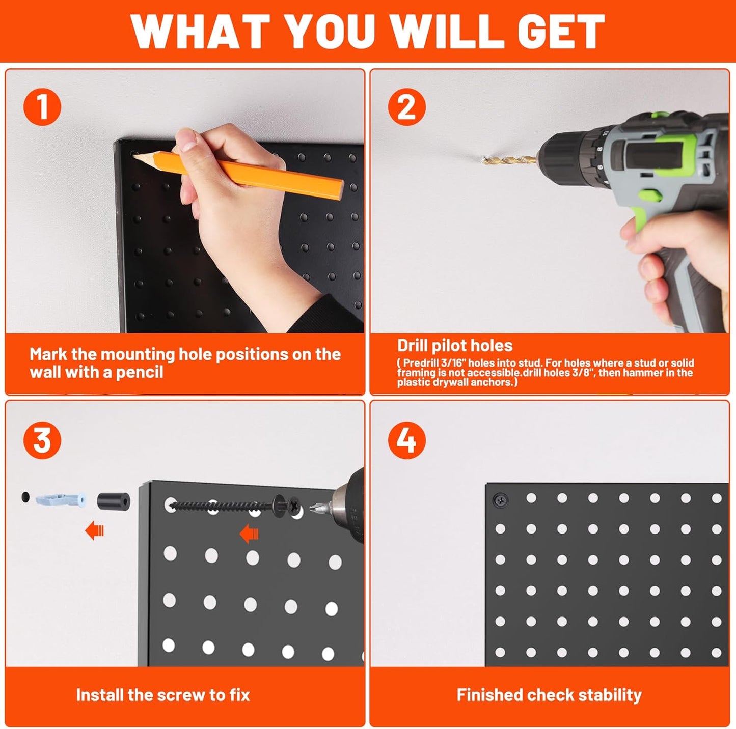 ValueMax 6 Pack Metal Pegboard Panels, 12”x 12” Heavy Duty Metal Pegboard Wall Organizer for Home, Garage, Workbench, Kitchen, Craft Room Tool Storage, Black Modular Peg Board Organizer Board