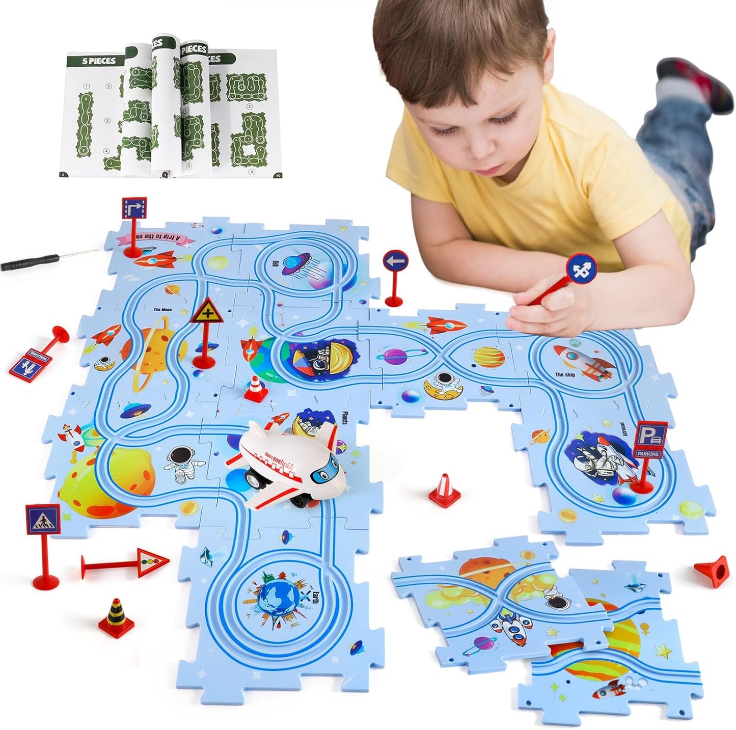 Plastic Floor Puzzles for Kids Ages 3-5, Puzzle Track Car Play Set, Educational Montessori Toys for 3 4 5 6 Year Old Boys, 3 4 5 6 Year Old Boy Birthday Gift, Boy Toys Age 3