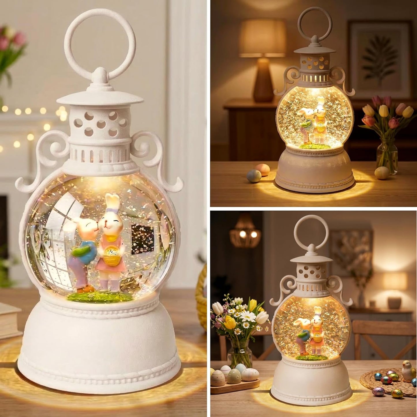 Easter Snow Globe Lantern, 9.4" Bunny Couple Lighted Snow Lantern with 6-Hour Timer, Battery or USB Powered, Spring Easter Decorations for Home, Easter Bunny Gift & Blue Easter Decor