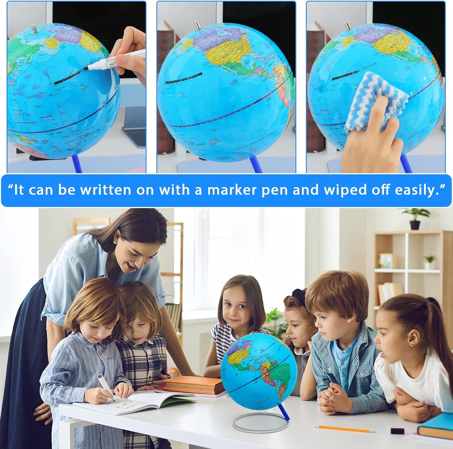 BSHAPPLUS World Globe with Stainless Steel Stand 13 inch, 720 Rotating & HD Waterproof Material, Teaching/Geographic/Decorative Globes with Clear Text for Elementary, Classroom, Home, School, Office