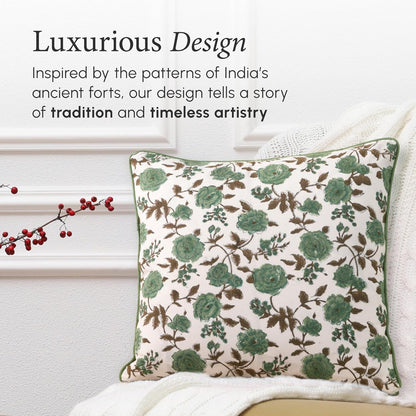 CPC 100% Cotton Throw Pillow Covers 18x18 Inch, Set of 2 Green Block Print Pattern Couch Pillow, Cute Boho Decorative Pillows for Living Room, Bedroom with Hidden Zipper- Agate Green