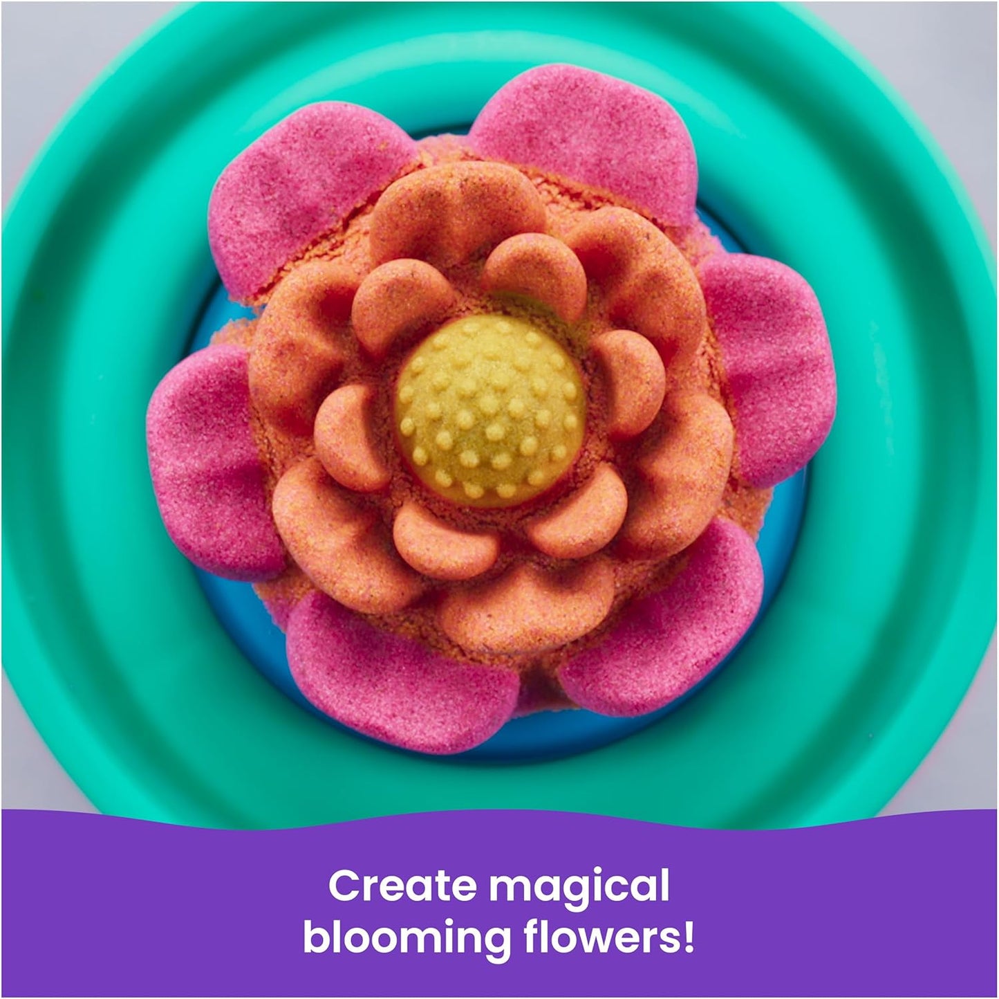 Kinetic Sand, SquishBlossom Blooming Flower with 8oz Neon Yellow & Pink Play Sand, Pot & Molds, Gifts for Mom & Kids, Arts and Crafts Sensory Toys