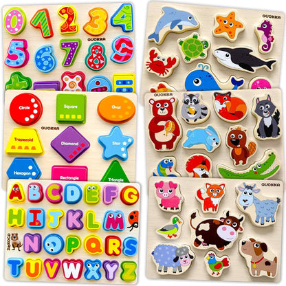 QUOKKA Wooden Puzzles for Toddlers 1-3 – 3xSET Toddler Puzzles Ages 2-4 – Montessori Animal Chunky Puzzle for Kids 3-5 – Wood Learning Toy for Boy and Girl – FSC Certified Wood