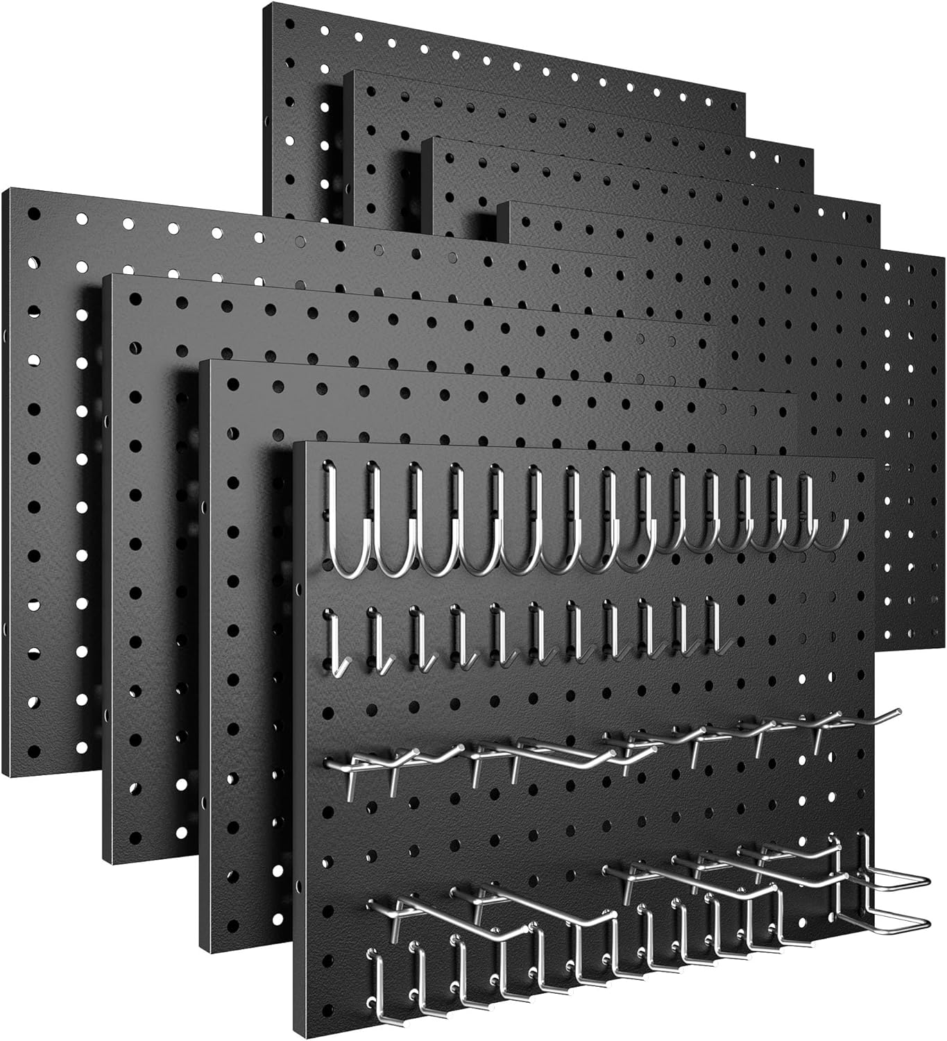 Spampur Peg Board, 4 Pack Metal Pegboard Panels with 50 Hooks, Black Pegboards Wall Organizer, Heavy Duty Peg Board for Walls Home, Garage Tool Storage, Office Organization, Craft Room, Kitchen