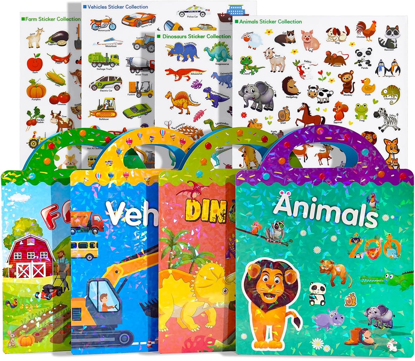 FUNCLASS 4 Pack Reusable Sticker Books for Toddlers 3,Toddler Sticker Books for Travel,Quiet Sticker Books for Kids,Kids Jelly Sticker Books with Animal,Dinosaur,Vehicles,Farm,Toddler Birthday Gifts