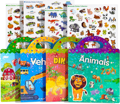 FUNCLASS 4 Pack Reusable Sticker Books for Toddlers 3,Toddler Sticker Books for Travel,Quiet Sticker Books for Kids,Kids Jelly Sticker Books with Animal,Dinosaur,Vehicles,Farm,Toddler Birthday Gifts