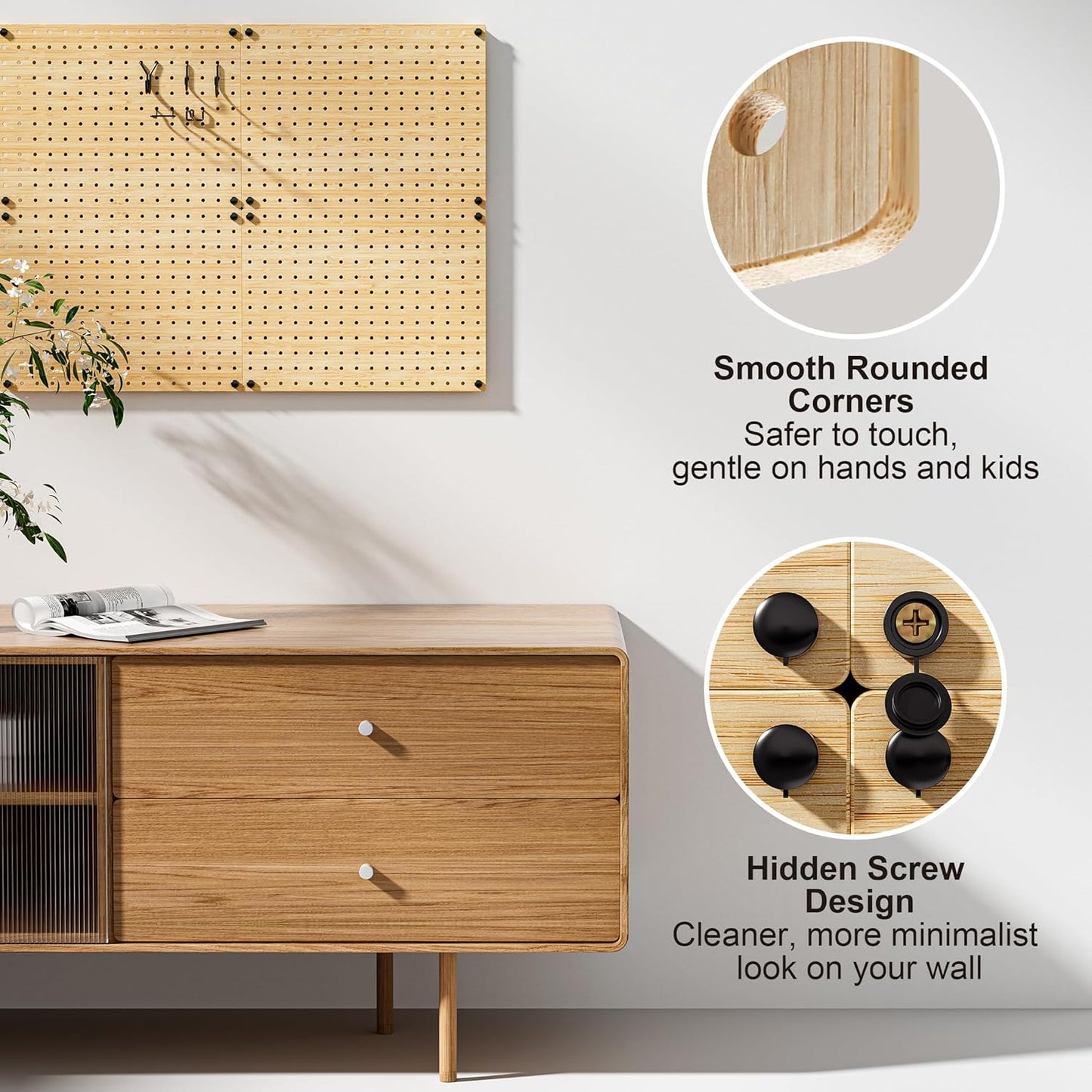 VOIMO Bamboo Pegboard Organizer Set, 6 Panels (16"x12") with 48 Hooks – Eco-Friendly Wall Mounted Storage Rack for Tools, Crafts & Office – Natural Bamboo Pegboard System with Accessories