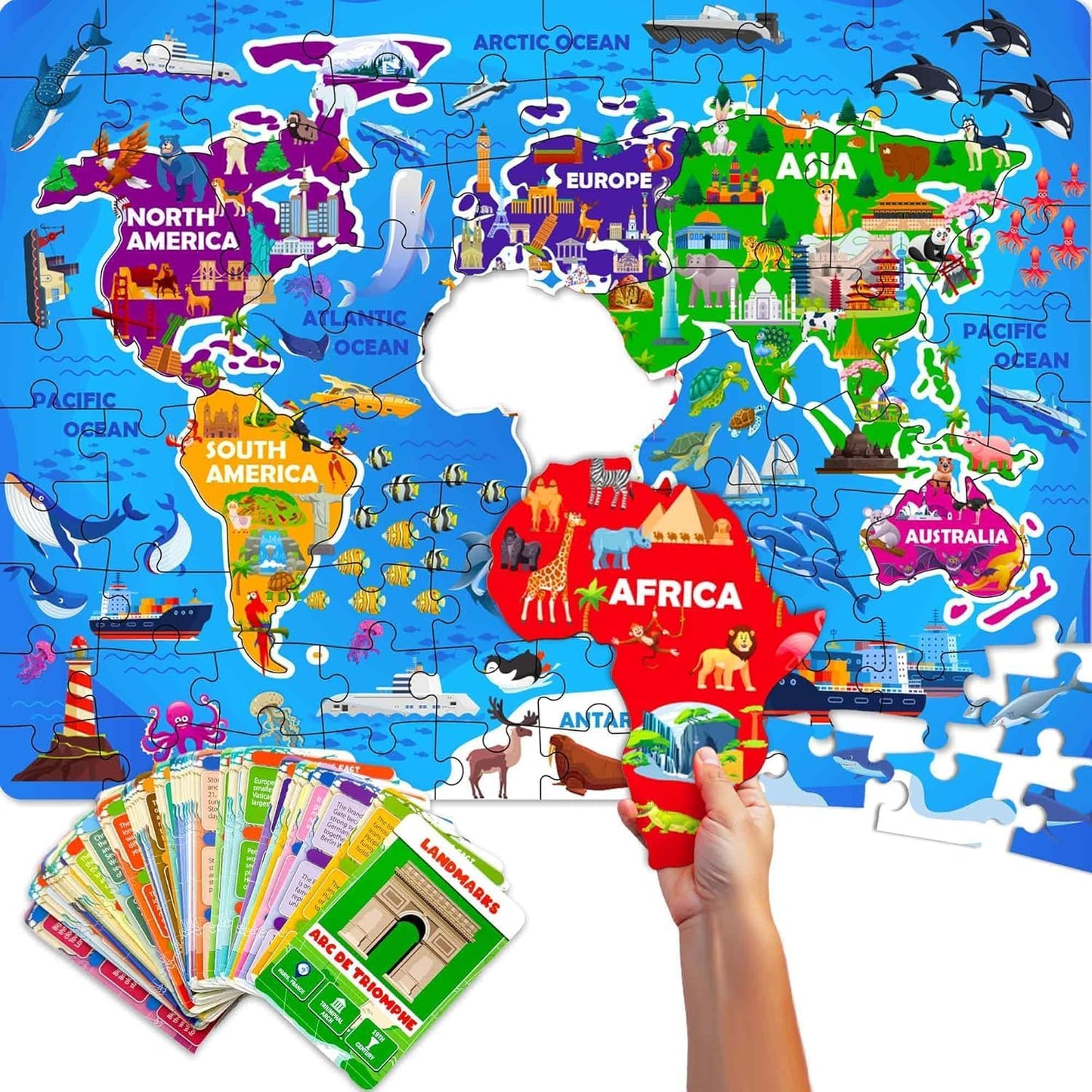 United States Puzzles for Kids Ages 4-6 - 70 Pcs USA Map Kids Puzzle with 50 Cards 400+ USA Facts - State & Capitals Floor Jigsaw Puzzles for Children 6-8 - Educational Toys Gift for Boys Girls