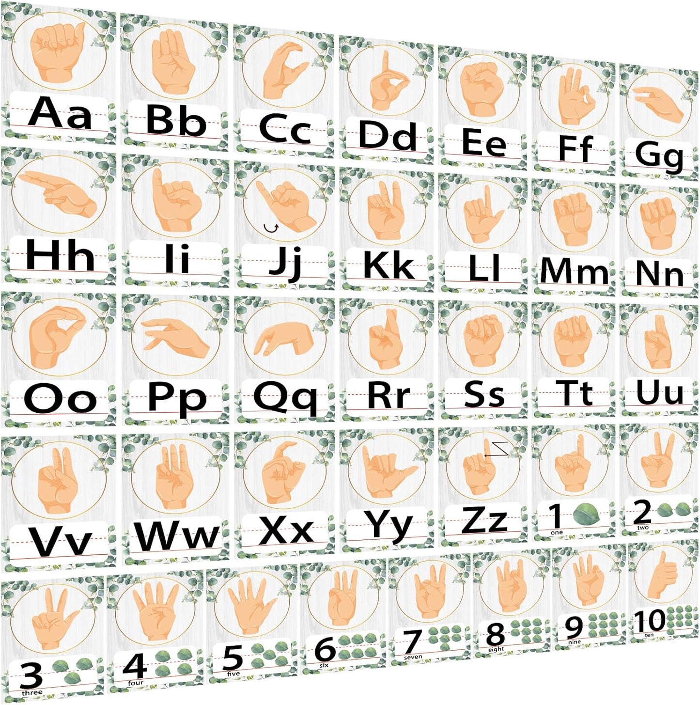 36PCS Eucalyptus ASL Alphabet Line Bulletin Board Set ABC Number Sign Language Flash Cards Alphabet Posters Learning American Sign Language Poster Classroom Wall Decor for Pre-School Home Toddler Kids
