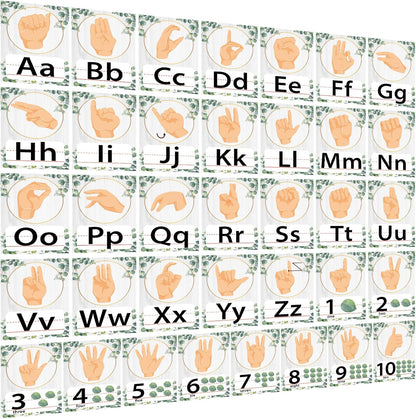 36PCS Eucalyptus ASL Alphabet Line Bulletin Board Set ABC Number Sign Language Flash Cards Alphabet Posters Learning American Sign Language Poster Classroom Wall Decor for Pre-School Home Toddler Kids