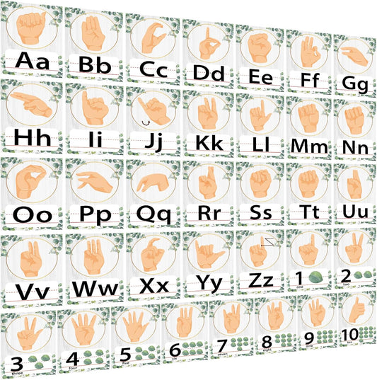 36PCS Eucalyptus ASL Alphabet Line Bulletin Board Set ABC Number Sign Language Flash Cards Alphabet Posters Learning American Sign Language Poster Classroom Wall Decor for Pre-School Home Toddler Kids