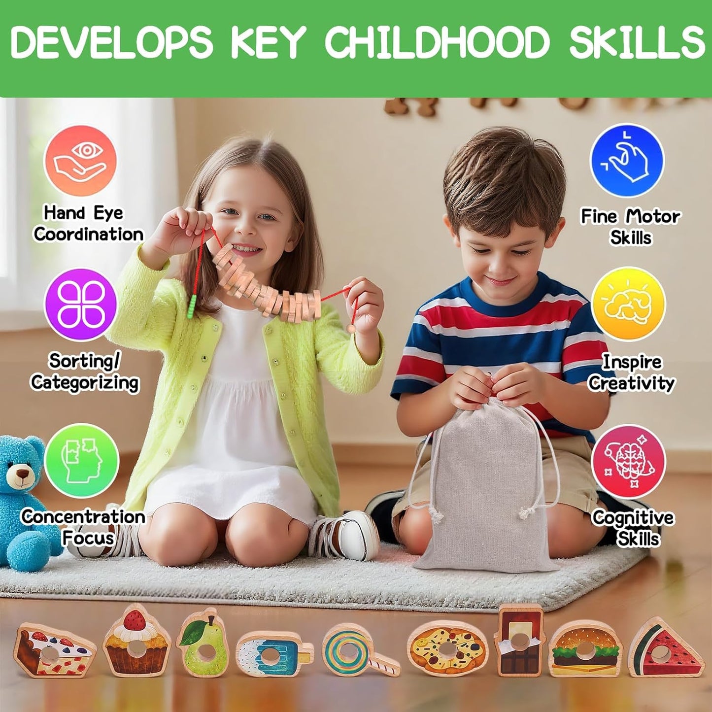 Wooden Greedy Caterpillar Rope Toy, 2.5in Fruit & Vegetable Caterpillar Lacing Bead String Game, Montessori Fine Motor Skills Farm Toys for 3+ Year Old