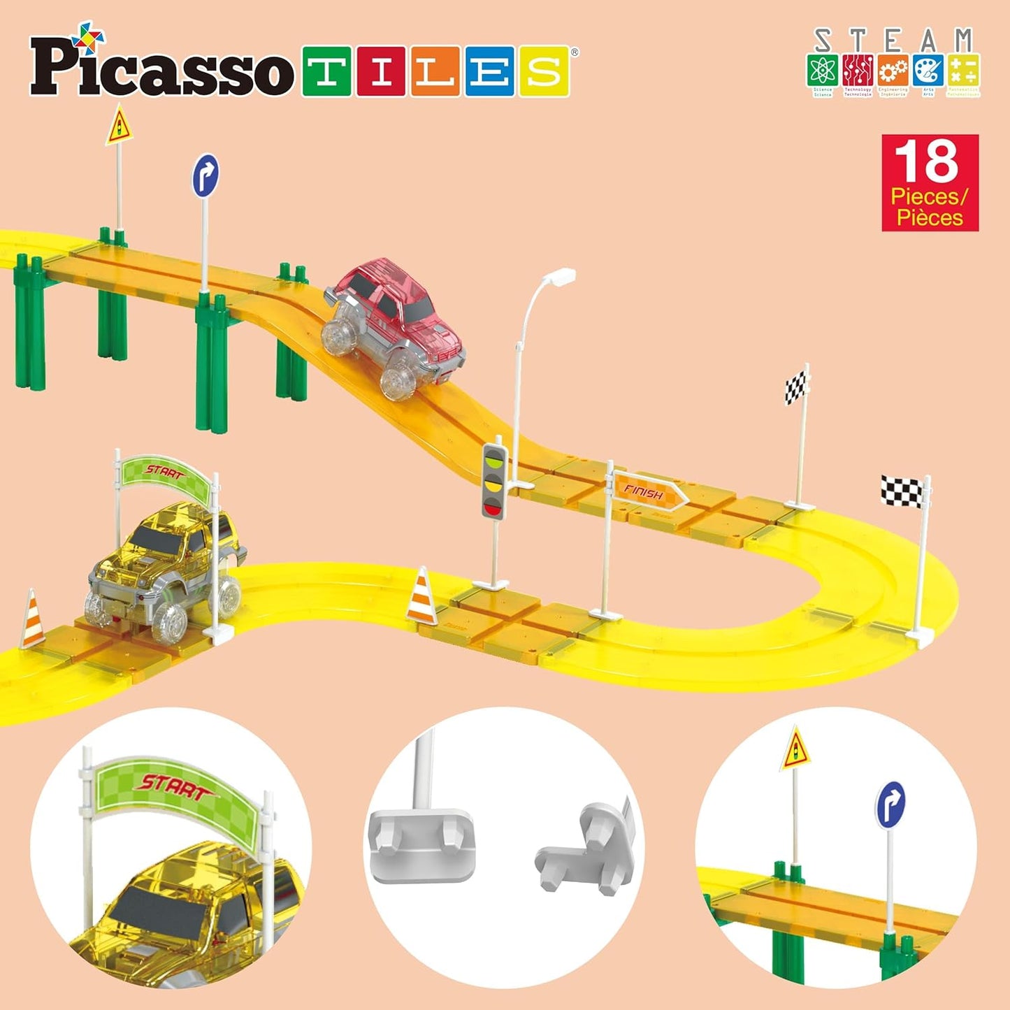 PicassoTiles Magnetic Tiles Race Track Car Thrilling Toy Playset Includes 2 Racing Trucks STEM Educational Magnet Tile Building Block Construction Set for Toddlers Boys Girls Ages 3 and Older PTR30