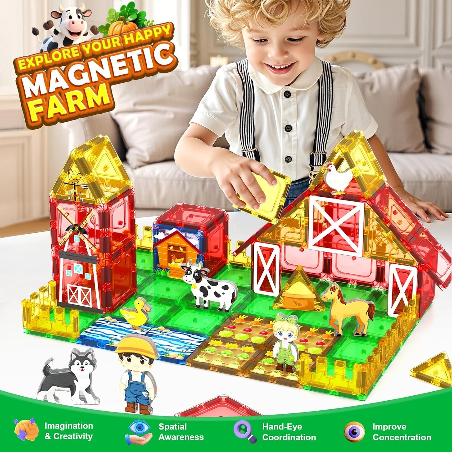 Magnetic Tiles Farm Animals Toddler Toys, STEM Magnet Building Blocks for Kids Ages 3-5 5-7 4-8, Preschool Montessori Sensory Toys Gifts for 3+ Year Old Boys & Girls