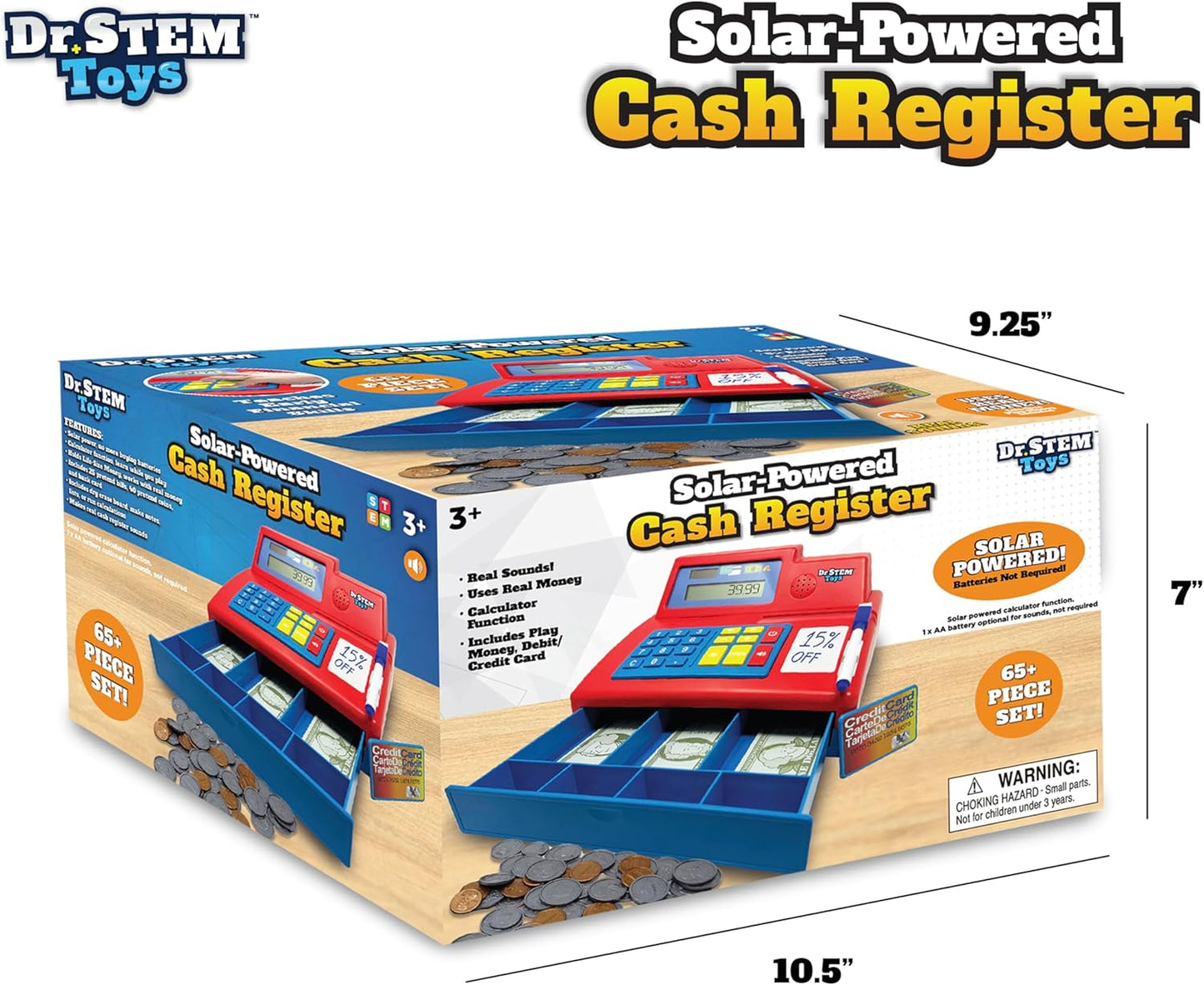 Dr. STEM Toys Solar Powered Calculator Pretend Cash Register with Play Money – 67-Piece Set for Learning Math Skills, STEM Cash Register for Kids (Gray)