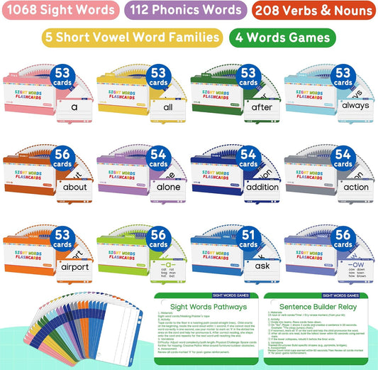 1180 Sight Words Flash Cards Kindergarten Hooked on Phonics Dolch & Fry High Frequency Site, Learn to Read CVC Blends, Short/Long Vowel Sounds, Games for 1 2 3 4 5 6 Grade, Kids 4-13 Years