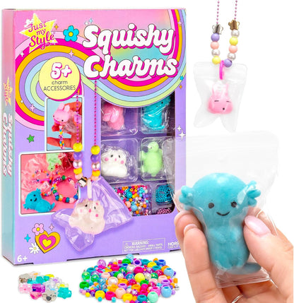 Just My Style Squishy Charms, Create 5 Squishy Bag Charms, Necklaces, Friendship Bracelets with Kawaii TPR Squishies in Pouches & Beads for Jewelry Making, Unique Jewelry Making Kit, Gifts for Girls