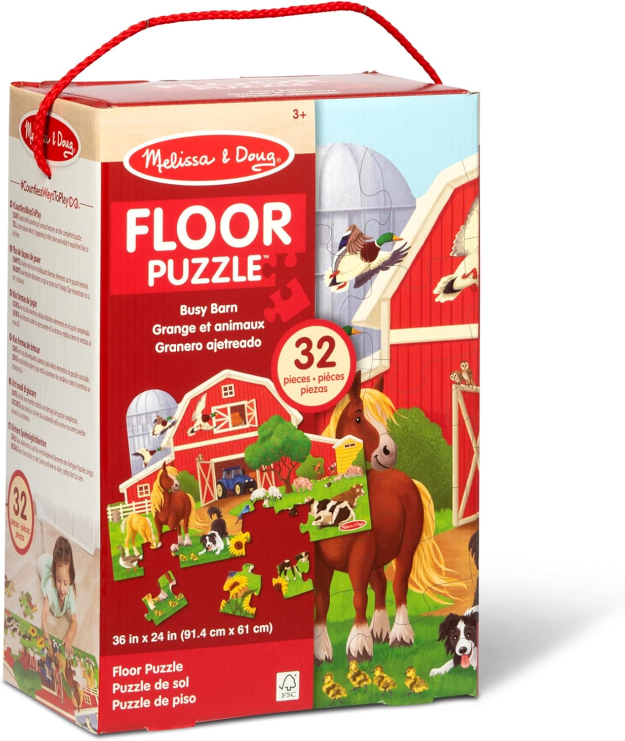 Melissa & Doug Busy Barn Shaped Jumbo Floor Puzzle, 32-Piece Barn-Shaped Jigsaw Puzzle with Farm Animals, 3 x 2 Foot Toddler Puzzles for Kids Ages 3+