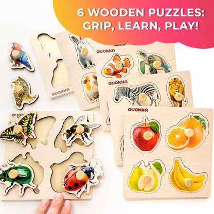 QUOKKA Wooden Puzzles for Toddlers 1-3 - 6XSET Toddler Puzzles Ages 2-4 with Rack - Learning Alphabet - Numbers - Animals Montessori Toy for Kids 3-5 - Wood Games Gift for Boys and Girls