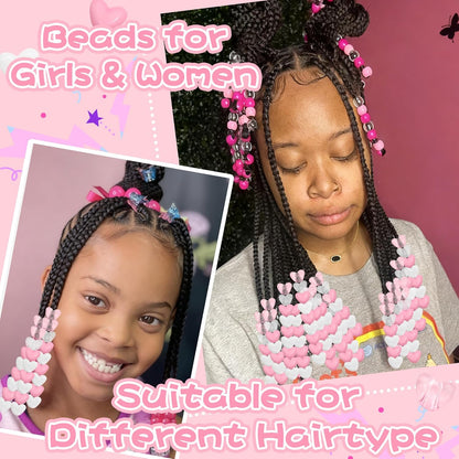 88PCS Pink White Hair Beads for Braids Lovely Heart Shape Loc Dreadlock Valentine's Day Bead Accessories Cute Acrylic Small Pony Beads for Kids Girls