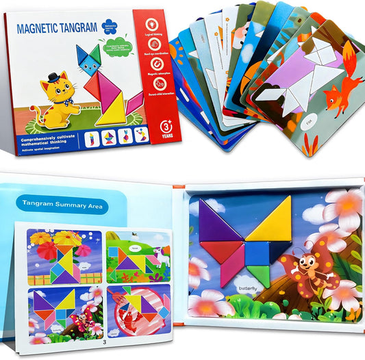 Tangram Magnetic Pattern Board with 30 Theme Pages & 368 Solutions Patterns Booklet, Magnet Games for Kids Ages 4-8 with Portable Box, Tangram Magnetic Pattern Board, Magnet Games for Kids Ages 4-8