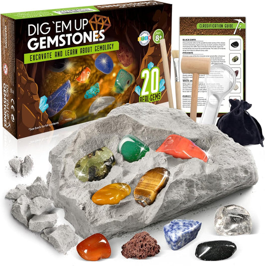 LotFancy Gemstone Dig Kit, Excavate 20 Real Gems, Science Kit for Kids Age 8-12, Educational Toy, Birthday Gift for Boys Girls with Mining Tools
