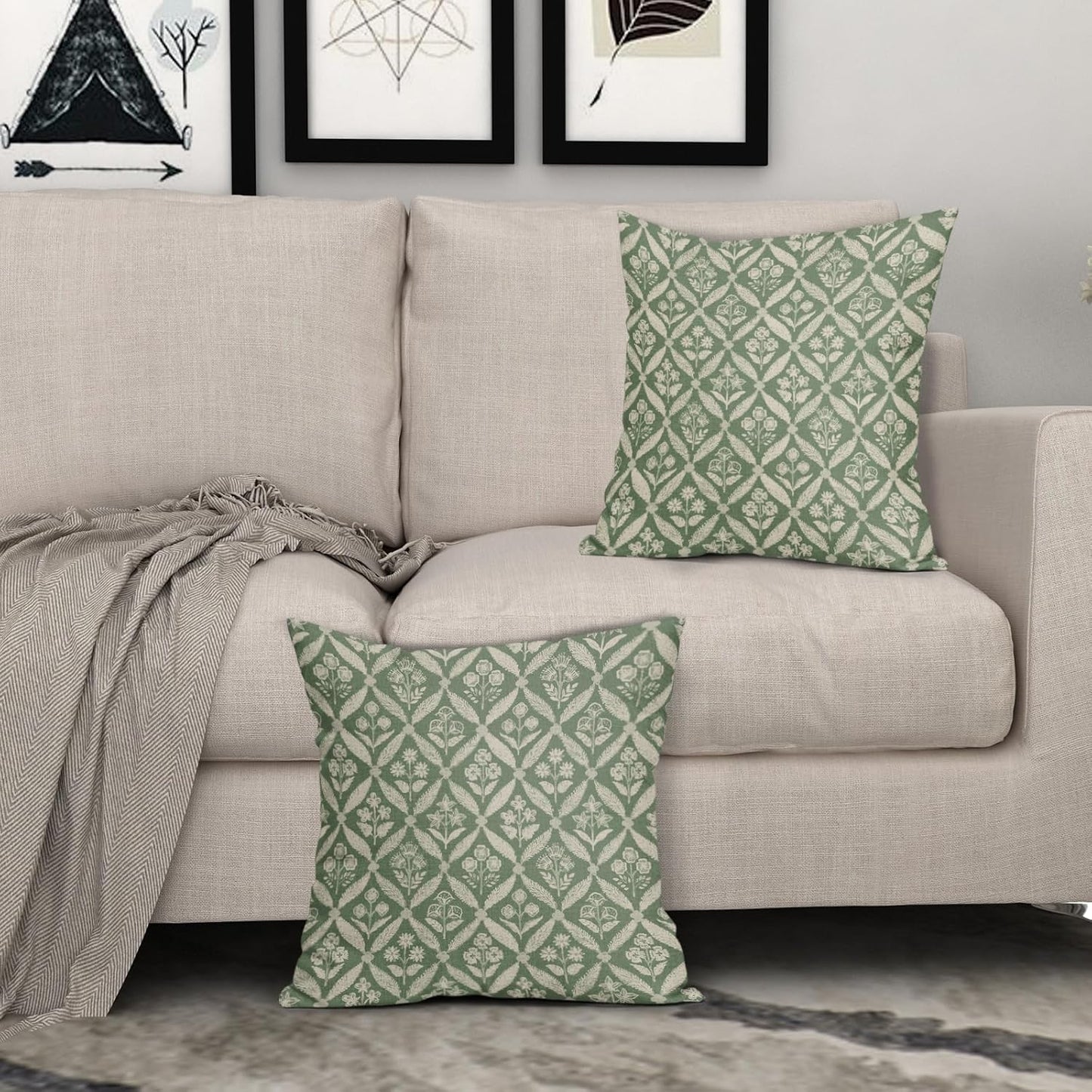 Blue Green Floral Block Print Pillow Covers 12X20 Set of 2, Flower Pattern Spring Summer Print Decorative Throw Pillow Covers Outdoor Farmhouse Seasonal Cushion Case Couch Sofa Bed Decor