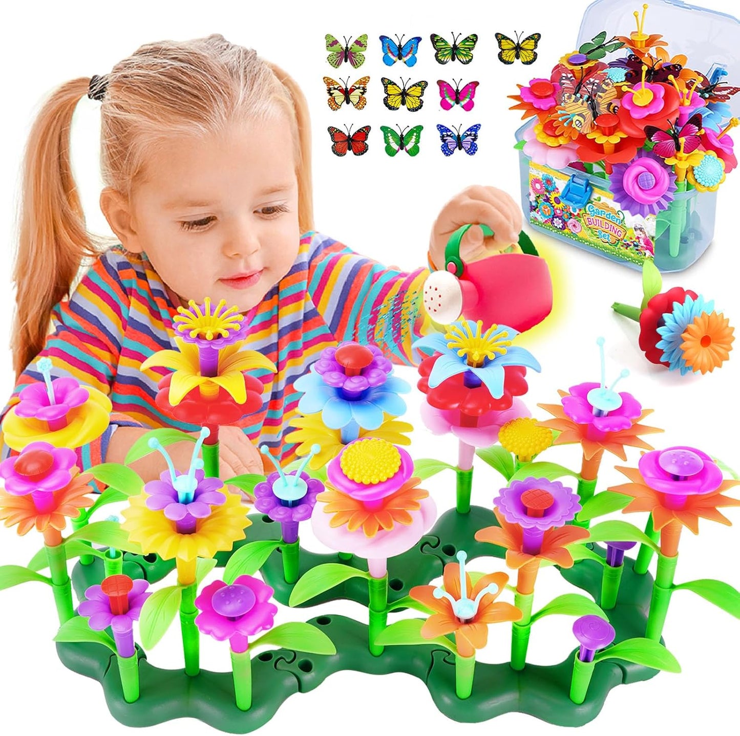 FUNZBO Girl Flower Garden Building Toys Set - Birthday Gifts for Age 2 3 4 5 6 Years Old Girls, STEM Montessori Educational Toy for Toddler Kids, Sorting & Stacking Spring Gardening Set