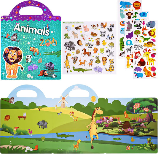 ASTARON Reusable Sticker Book for Toddlers, 88 Pcs Dinosaur Stickers Road Trip Activities Car Airplane Activities Travel Toys for Kids, Kids Quiet Time Activities (2-6 Age)