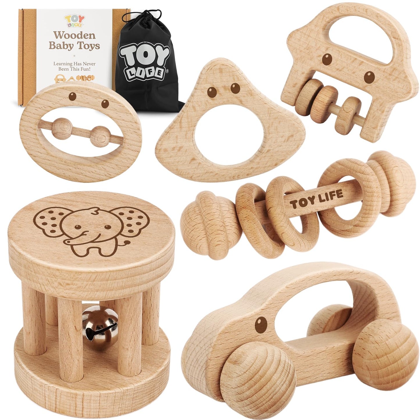 TOY Life Wooden Toys Cars, Montessori Baby Toys 6-12 Months, Wooden Baby Toys Rattle Cars for Toddlers 1-3, Baby Boy Girl Nursery Decor, Montessori Toys for 1 Year Old Boy First Birthday Gift