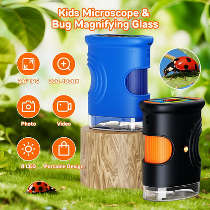 1000X Digital Handheld Microscope for Kids with 2.0" IPS Screen, Outdoor Toys Portable STEM Science Lab Gifts, Rechargeable Pocket Microscope Educational Toy for Boys & Girls Age 4-6 8-12, Orange