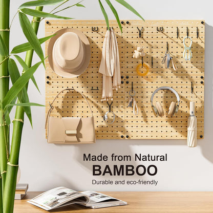 VOIMO Bamboo Pegboard Organizer Set, 6 Panels (16"x12") with 48 Hooks – Eco-Friendly Wall Mounted Storage Rack for Tools, Crafts & Office – Natural Bamboo Pegboard System with Accessories
