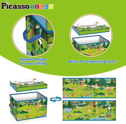 PicassoTiles Foldable Toy Storage Chest Box Forest Animal Theme Magnet Tile Organization Bin with Lid and Handles Magnetic Tiles Playroom Organizer STEM Early Educational Toys Boys Girls Ages 3+ PTA34