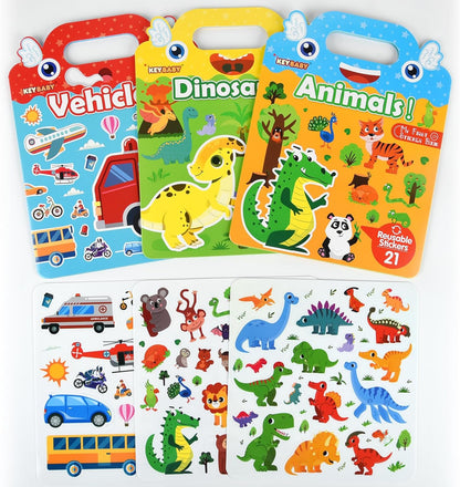 ASTARON Reusable Sticker Book for Toddlers, 88 Pcs Dinosaur Stickers Road Trip Activities Car Airplane Activities Travel Toys for Kids, Kids Quiet Time Activities (2-6 Age)