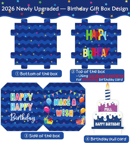 Birthday Money Box for Cash Gift Pull, Surprise Gift Boxes for Money, Money Holder Box with Pull Out Happy Birthday Card and 50Pcs Transparent Bags, Money Gift Ideas for Kids and Adults