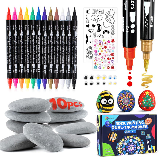 Simetufy Rock Painting Kit for Kids, 10 Pcs 2-3inch Rocks & 12 Colors Dual-Tip Acrylic Paint Markers, Arts & Crafts Gifts for Boys and Girls Ages 6+, Craft Activities Kits