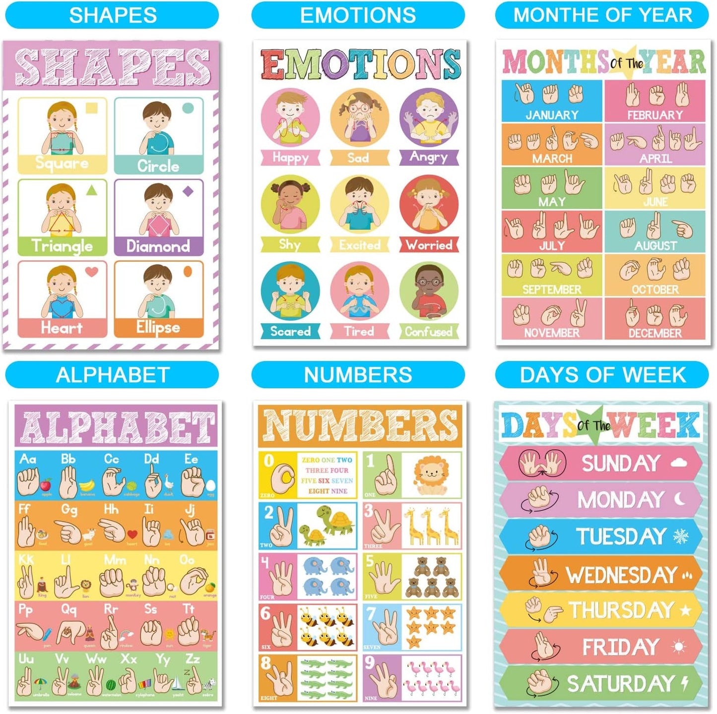 Set of 12 ASL Posters ABC Sign Language Flash Cards American Sign Language Learning Poster for Toddler Kids Students Classroom Decorations ASL Gift