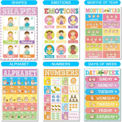 Set of 12 ASL Posters ABC Sign Language Flash Cards American Sign Language Learning Poster for Toddler Kids Students Classroom Decorations ASL Gift