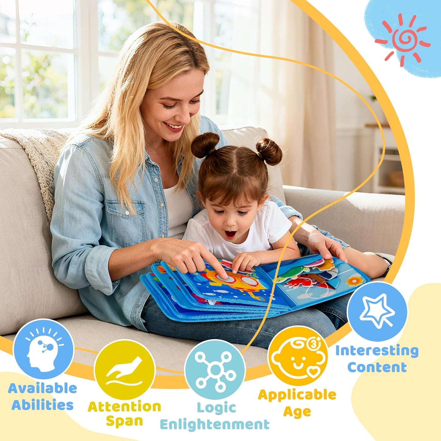 DEGIDEGI Montessori Busy Book for Toddlers, Educational Sensory Activity Book with Life Skills Training, Quiet Travel Toy for Car and Airplane, Christmas Birthday Gift (Deep Blue)
