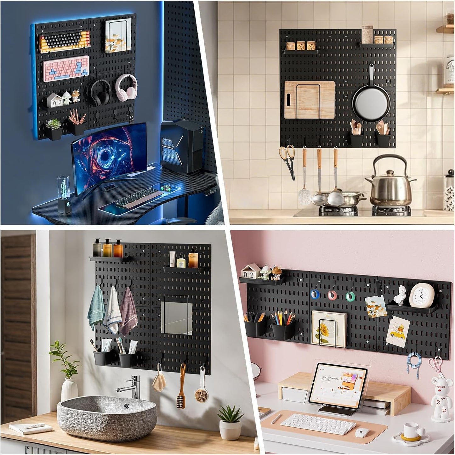 Wall Mount Pegboard Kit - 4 Panels & Accessories, Heavy Duty Modular Organizer for Home, Office, Craft Room & Kids Storage, Space-Saving 11.8"×11.8" DIY Tool Board‌
