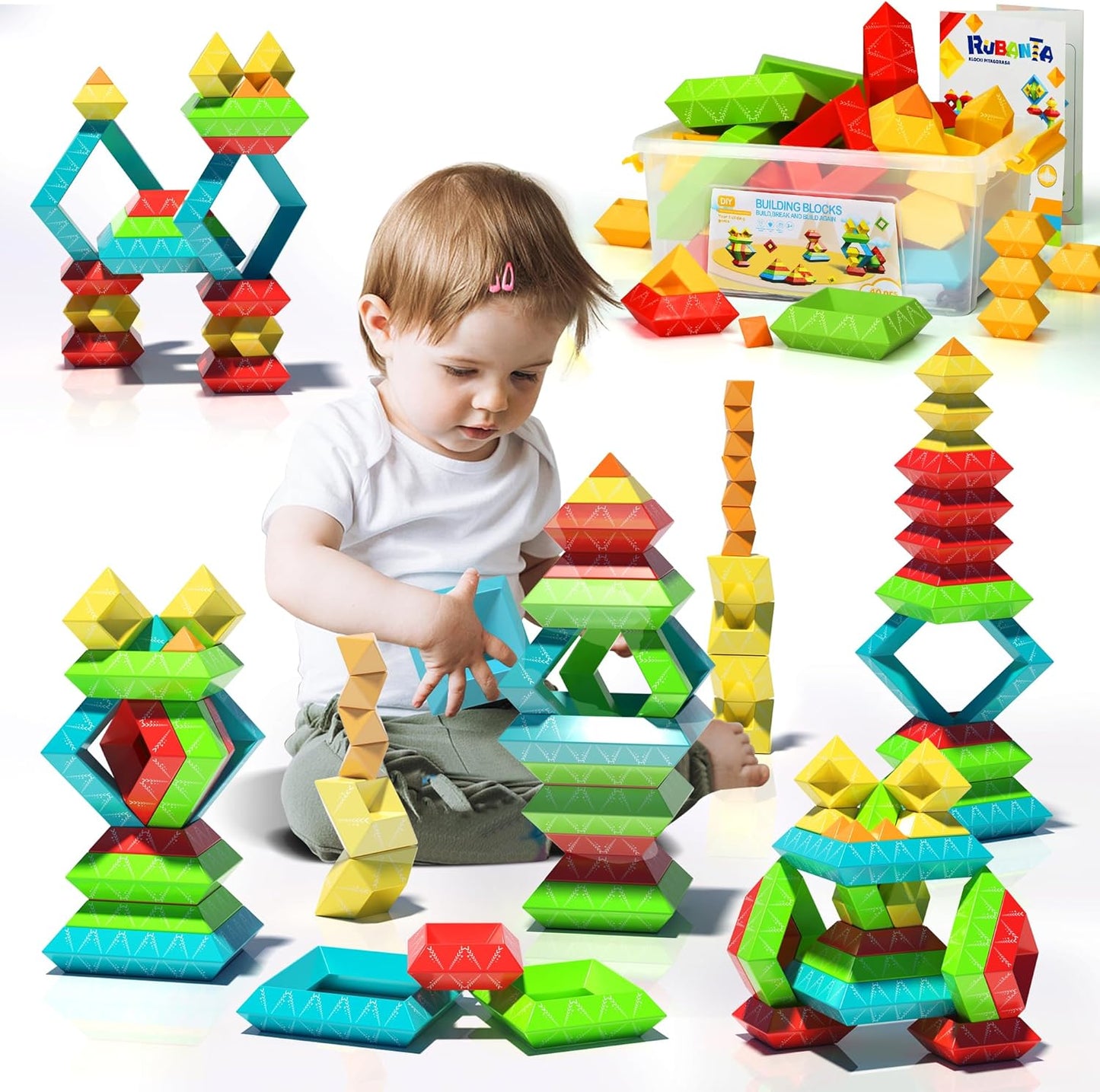 100Pcs Montessori Toys for Ages 1-3 2-5 Toddlers Kids Baby,Pyramid Stacking Building Toys,3D Preschool Learning Blocks for Kids,STEM Sensory Toy Gifts for 2-4 Year Old Boy Girl,Big Plastic Storage Box