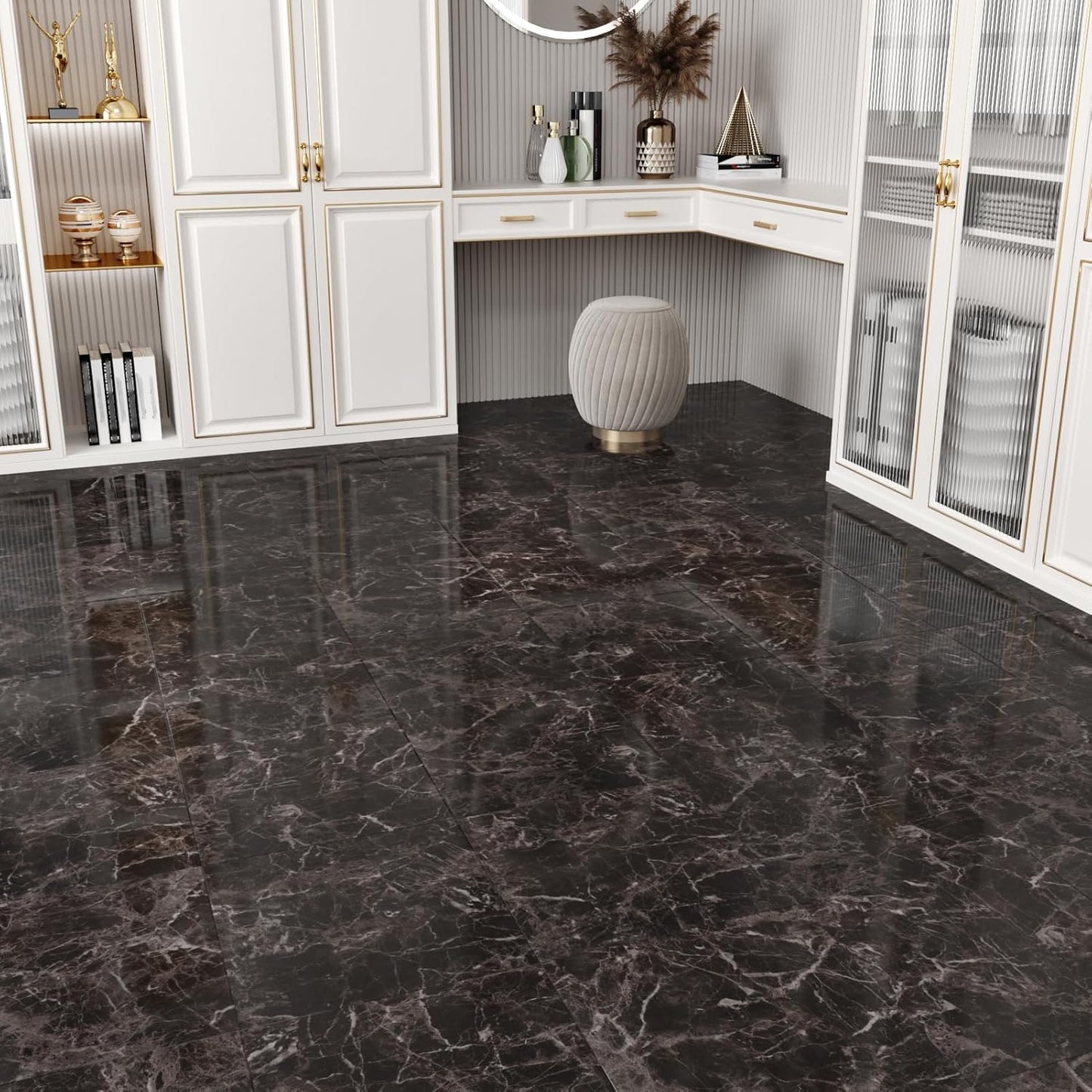 Wallercity White Marble Peel and Stick Vinyl Floor Tiles 6-Pack 12x12 Inches Self Adhesive Waterproof Flooring Planks for Bathroom Kitchen Bedrooms Stick on Floor Tiles Laminate Sheets Vinyl Flooring