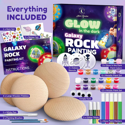 Glow in the Dark Galaxy Rock Painting Kit, Large Wooden Rocks for Painting, Arts and Crafts Painting Rocks for Kids, Kids Craft Paint Kits, Craft Activities Kits, Arts and Crafts Gifts for Boys Girls